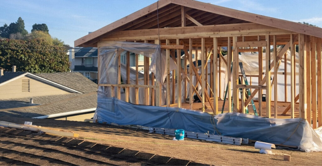 Wooden frame structure under construction on a rooftop, with plastic sheets, nearby houses, trees, and a clear sky in the background.